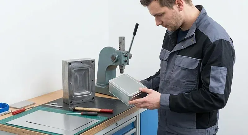 Metal tooling and material detail for custom tin boxes